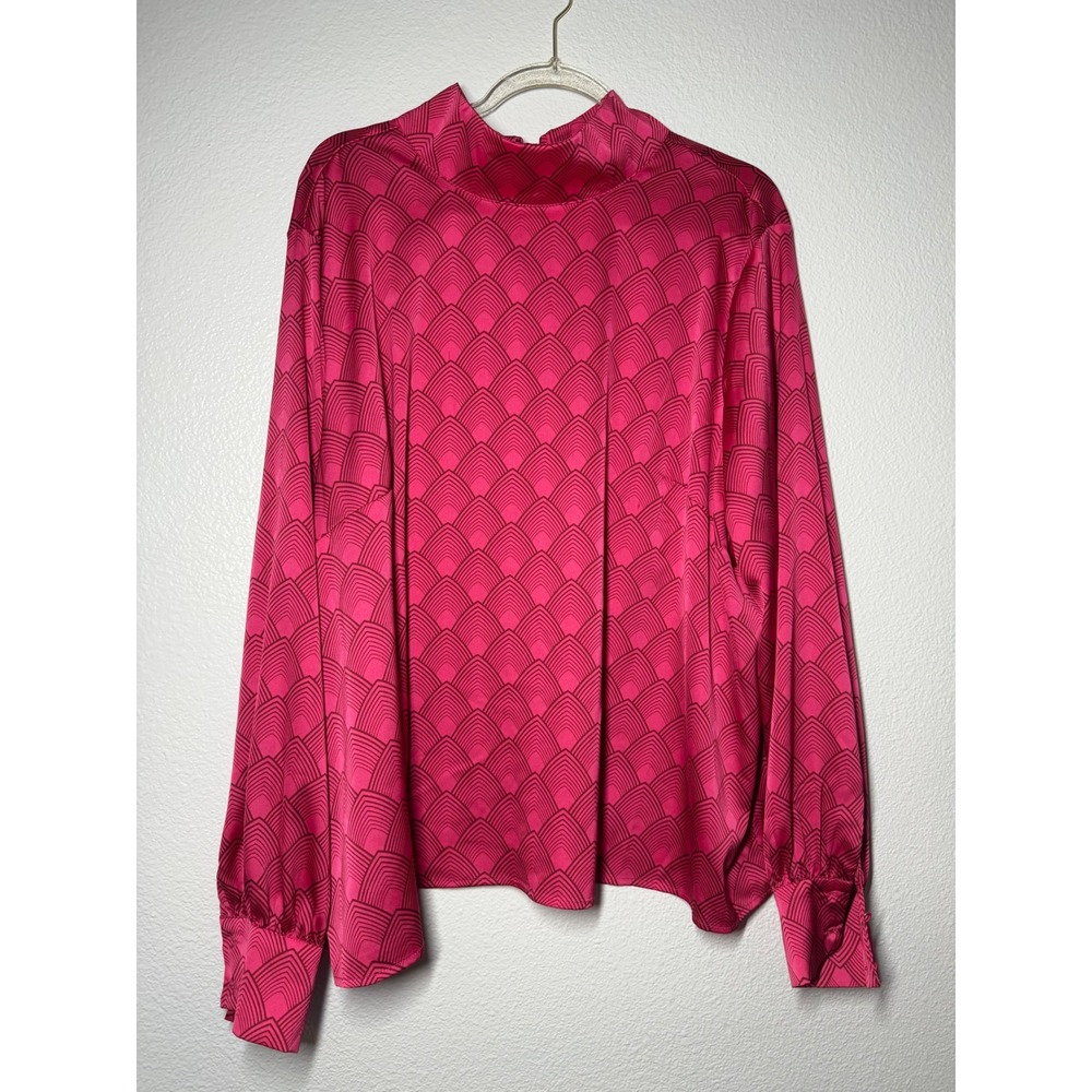 Worthington Pink Art Deco Geometric Bow‎ Tie Blouse Mock Neck Satin Top 2X
